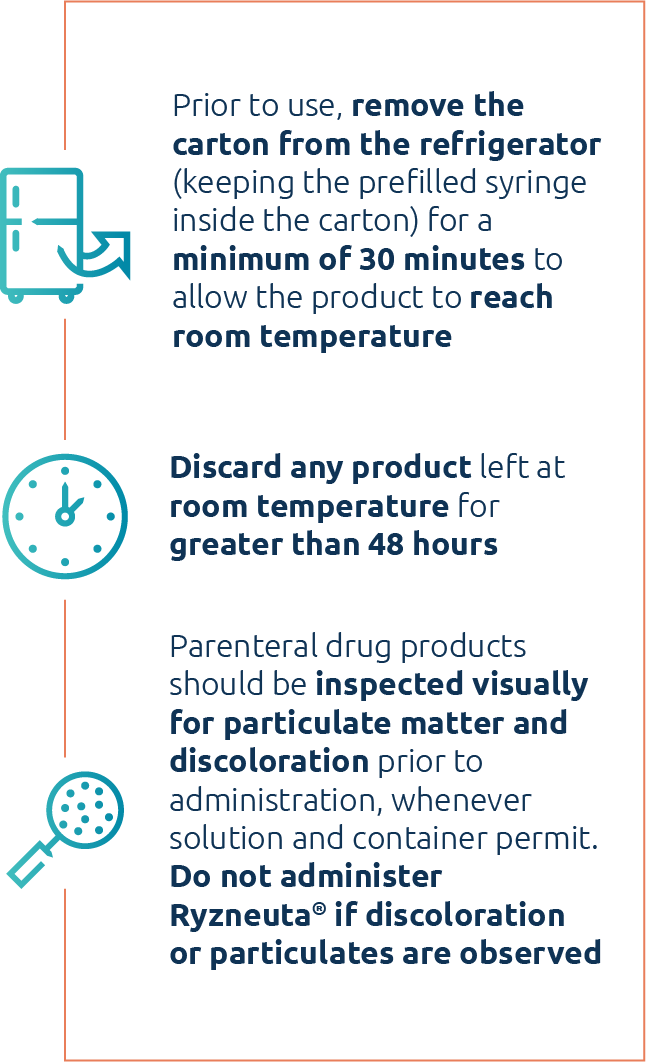 Prior to use, remove the carton from the refrigerator (keeping the prefilled syringe inside the carton) for a minimum of 30 minut...